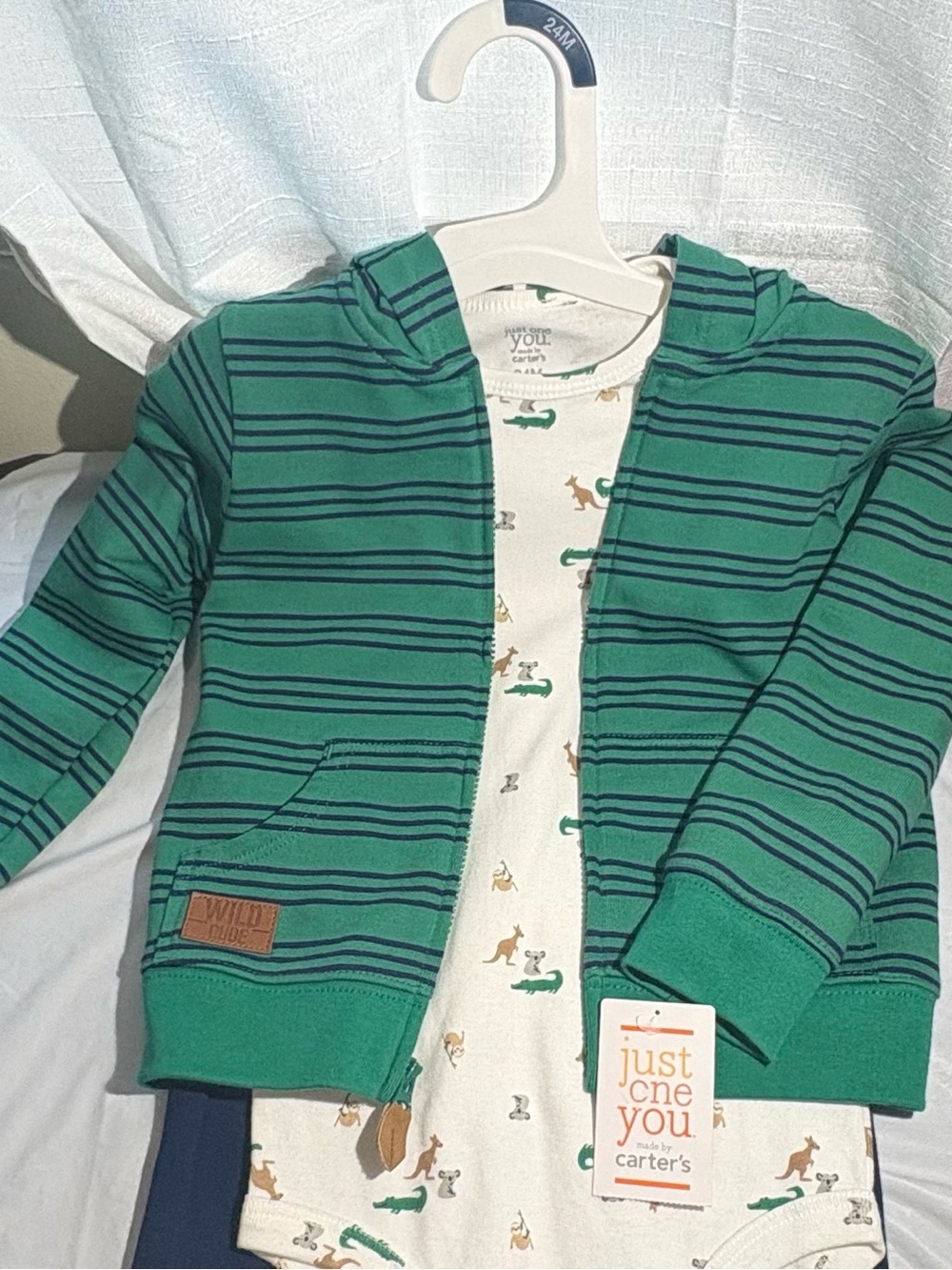 Carter's Green and Navy Striped Hooded Zip-Up